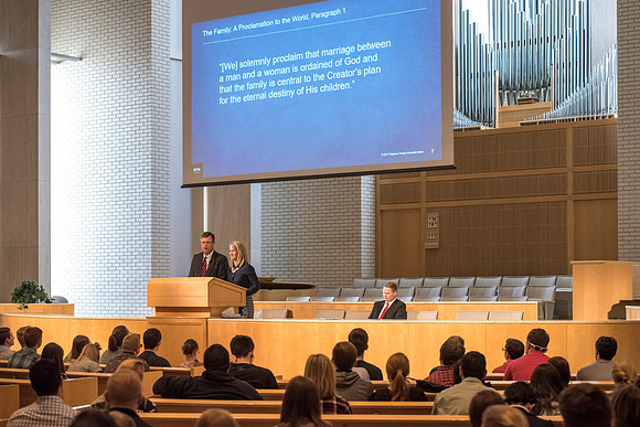 President and Sister Gilbert teach a Foundations class about the "The Family, A Proclamation to the World".