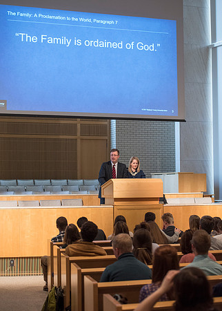 President and Sister Gilbert teach a Foundations class about the "The Family, A Proclamation to the World".