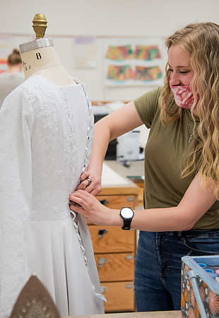 BYUI Apparel Entrepreneurship students sewing and creating dresses for the bridal sewing class.