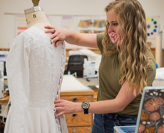 BYUI Apparel Entrepreneurship students sewing and creating dresses for the bridal sewing class.