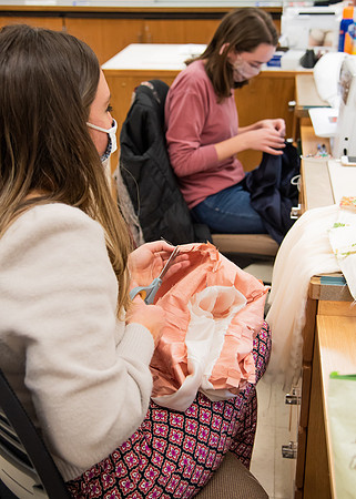 BYUI Apparel Entrepreneurship students sewing and creating dresses for the bridal sewing class.