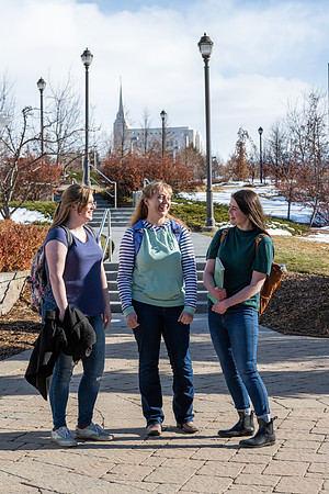 A view of the Temple from BYU-Idaho campus with students in the foreground.