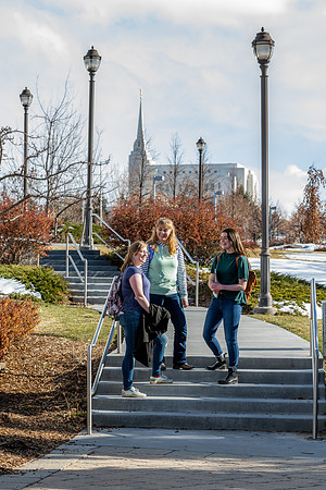 A view of the Temple from BYU-Idaho campus with students in the foreground.