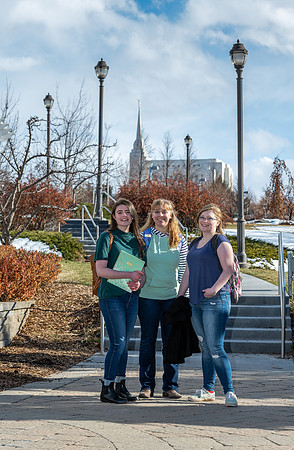 A view of the Temple from BYU-Idaho campus with students in the foreground.