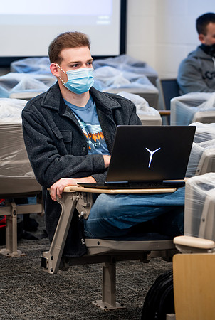 BYUI classes in the religion department meeting during Covid-19 with masks and social distanced seating.