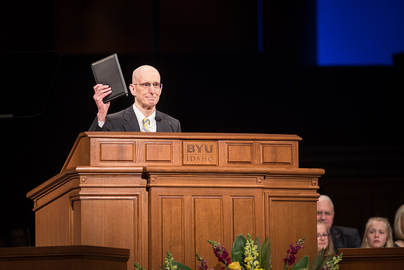 President and Sister Gilbert give their last devotional address at BYU-Idaho. Henry J Eyring conducts