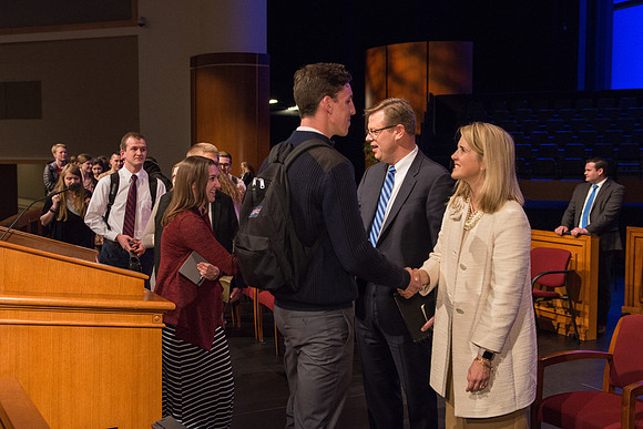 President and Sister Gilbert give their farewell devotional address at BYU-Idaho.