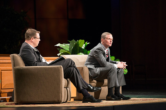 President Gilbert and Elder David A. Bednar Have a Q&A style meeting for the BYU-Idaho employees. Elder Bednar was the President during the transition of Ricks College to BYU-Idaho.