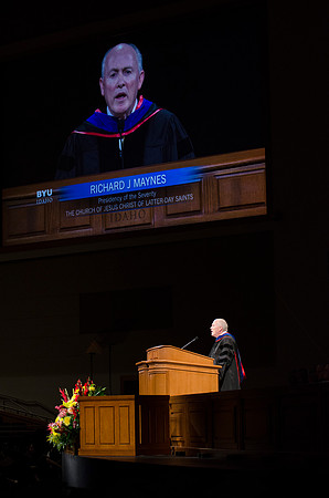 Richard J. Maynes, Presidency of the Seventy, addresses 2014 Winter Semester graduates during Commencement in the BYU-Idaho I-Center. Photo by Tyler Rickenbach