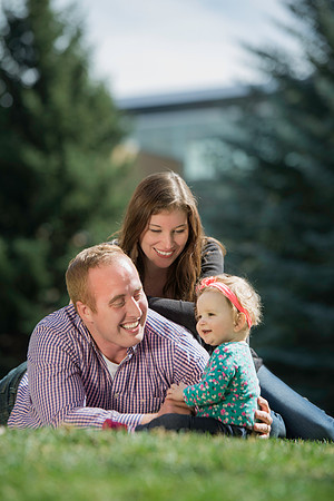 Jon and Marissa Garling and their one year old daughter, Jade in the Ricks Horticulture Gardens.