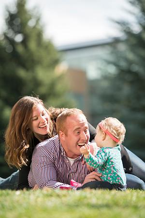 Jon and Marissa Garling and their one year old daughter, Jade in the Ricks Horticulture Gardens.