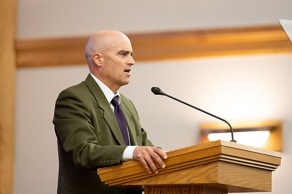 Mat Miles addresses students and faculty during the weekly devotional at BYU-Idaho.