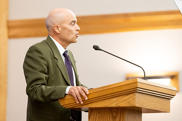 Mat Miles addresses students and faculty during the weekly devotional at BYU-Idaho.