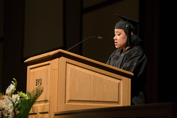College of Language and Letters Convocation in the Manwaring Center Ballroom. Maegan Clark, scripture reading