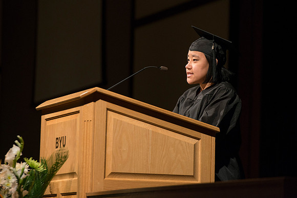 College of Language and Letters Convocation in the Manwaring Center Ballroom. Maegan Clark, scripture reading