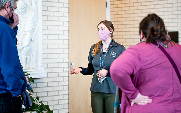 BYUI student from student support gives a tour of the Taylor building.