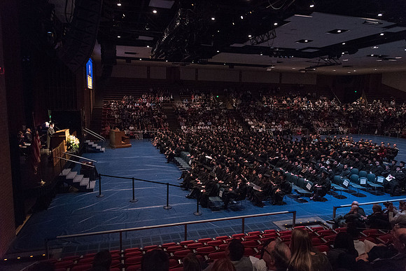 Business and Communication Convocation Ceremony meet in the Hart Auditorium.