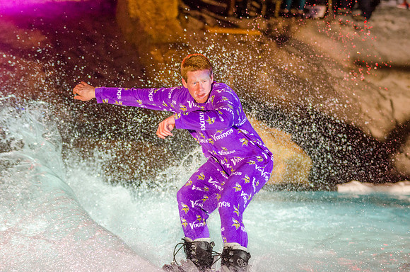 Students at Brigham Young University-Idaho take part in the annual Pond Skimming event held on campus at BYU-Idaho. Students wait in the cold or take the daring attempt to skim a pool of water using a