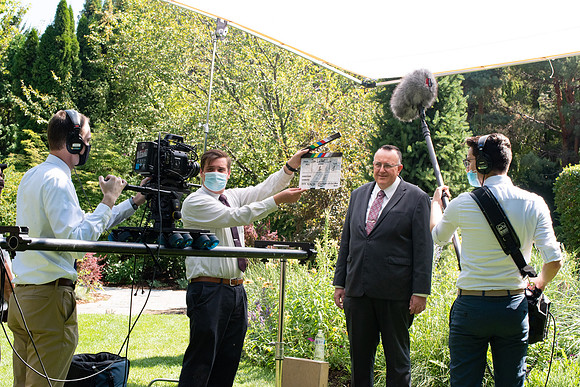 Video production of Vice President, Jon Linford, in the Thomas E. Ricks Gardens for the We're In This Together campaign.