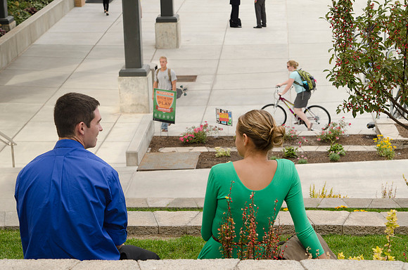 Students walking out on campus after devotional