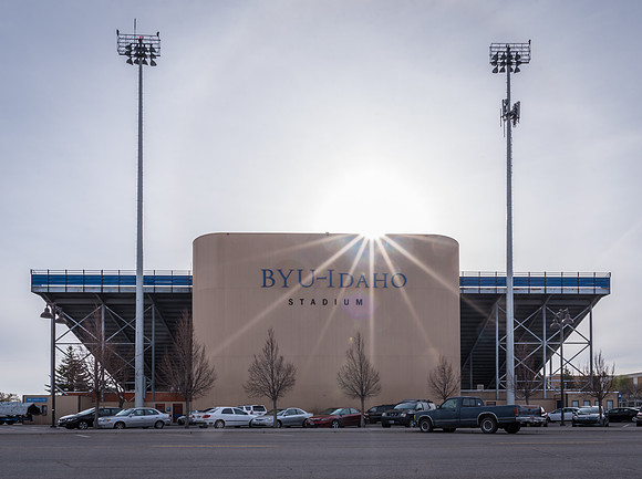 The sun sets over the BYU-Idaho stadium. 2017