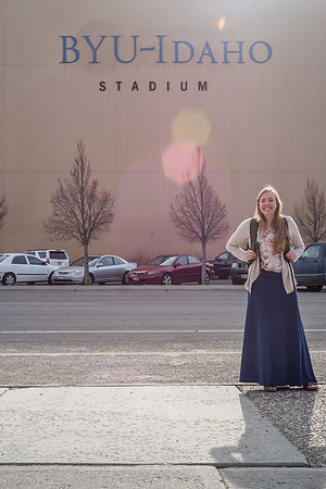 Courtney Blanchard stands in front of the BYU-Idaho Stadium. 2017