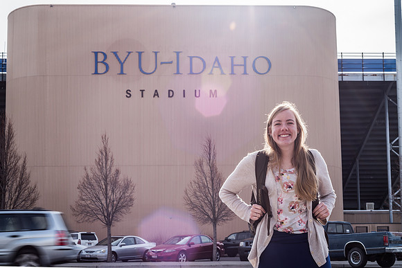 Courtney Blanchard stands in front of the BYU-Idaho Stadium. 2017