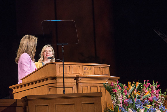 First devotional of the Spring 2017 semester. Sister Eyring with student participant. President and Sister Eyring challenged students to interact with one another.