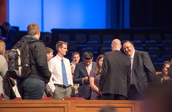 First devotional of the Spring 2017 semester. President Eyring greets students and faculty after devotional.