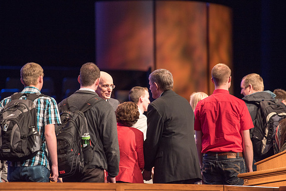 First devotional of the Spring 2017 semester. President Eyring greets students and faculty after devotional.