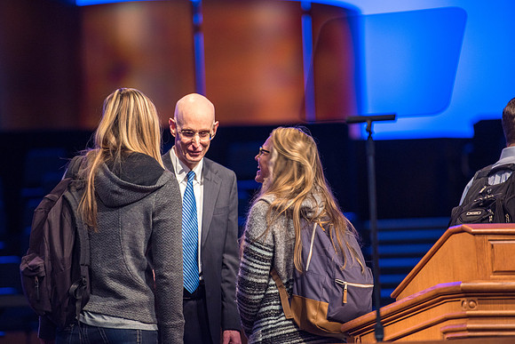 First devotional of the Spring 2017 semester. President Eyring greets students and faculty after devotional.