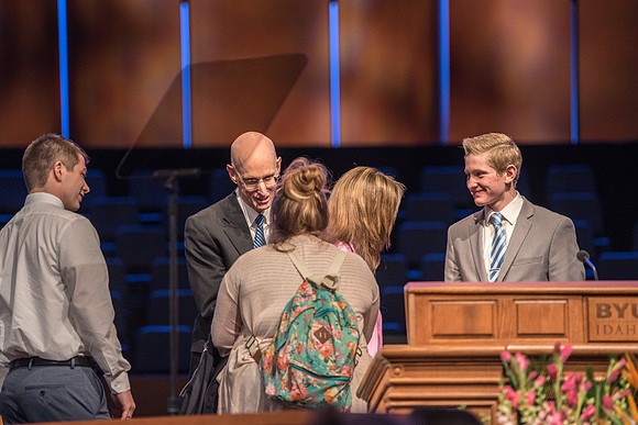 First devotional of the Spring 2017 semester. President Eyring greets students and faculty after devotional.