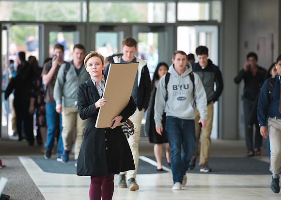 Students enter the I-Center to come to Devotional.
