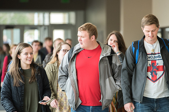 Students enter the I-Center to come to Devotional.