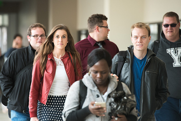 Students enter the I-Center to come to Devotional.