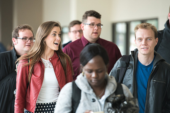 Students enter the I-Center to come to Devotional.