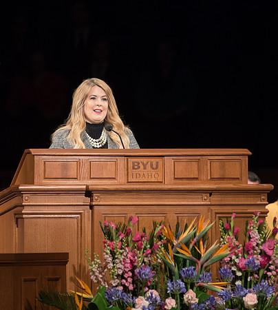 Vice President, Amy Labaugh, introduces President Henry J. Eyring and his wife, Kelly.