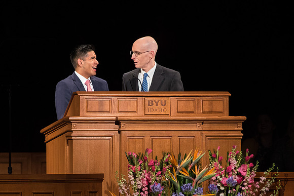 President Henry J. Eyring speaks with a student about "saying hello to everyone on campus."