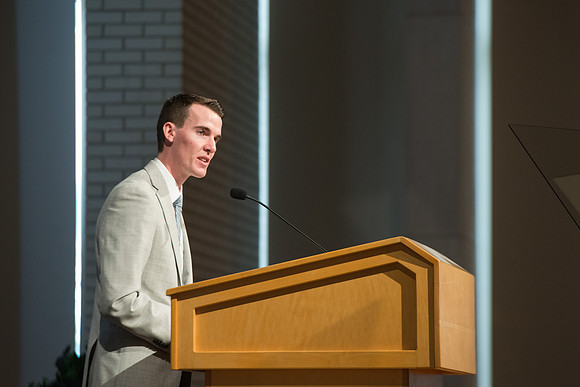 New Freshman and their parents gather in the Taylor Chapel and recieve a welcoming by President and Sister Henry J Eyring.