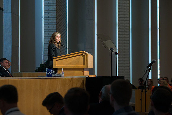 New Freshman and their parents gather in the Taylor Chapel and recieve a welcoming by President and Sister Henry J Eyring.