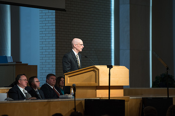 New Freshman and their parents gather in the Taylor Chapel and recieve a welcoming by President and Sister Henry J Eyring.