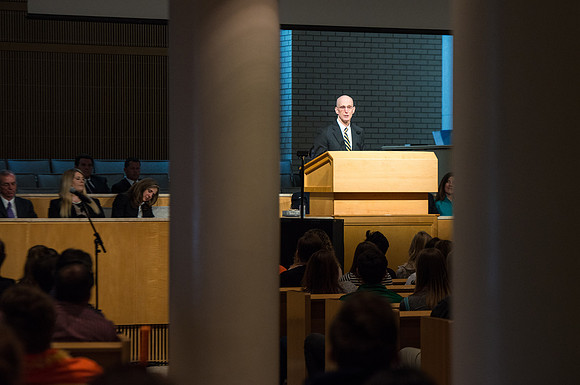 New Freshman and their parents gather in the Taylor Chapel and recieve a welcoming by President and Sister Henry J Eyring.