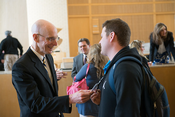 New Freshman and their parents gather in the Taylor Chapel and recieve a welcoming by President and Sister Henry J Eyring.