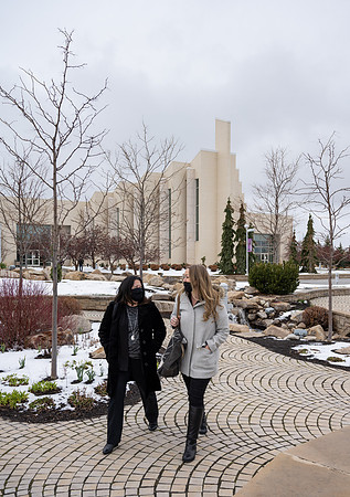 BYU-Idaho Alumni, Beth Vanderwalker and a friend visiting campus. John Taylor Building