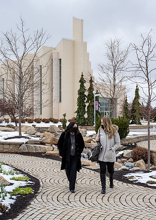 BYU-Idaho Alumni, Beth Vanderwalker and a friend visiting campus. John Taylor Building