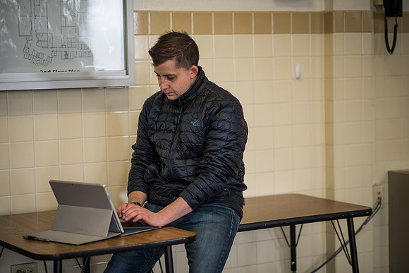 Preston Chapman studies in the Benson Building on the BYU-Idaho campus. 2017