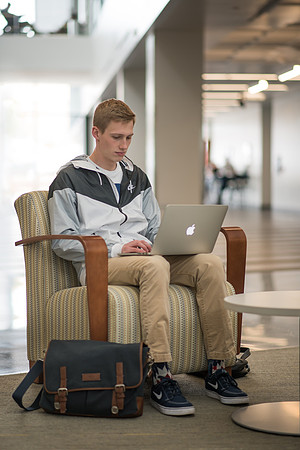 Taylor Williams studies in the Science and Technology Center on the BYUI campus. 2017