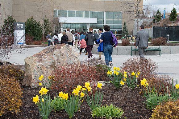 Students and employees gather in the BYU-Idaho Center for the first devotional of Spring 2107 semester.