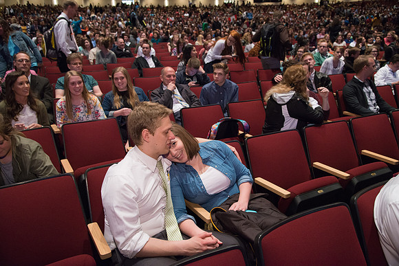 Students and employees gather in the BYU-Idaho Center for the first devotional of Spring 2107 semester.