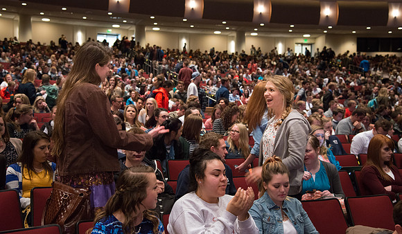 Students and employees gather in the BYU-Idaho Center for the first devotional of Spring 2107 semester.